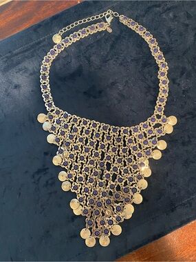 Chicos silver Tone Statement Bib Necklace with Blue Stones